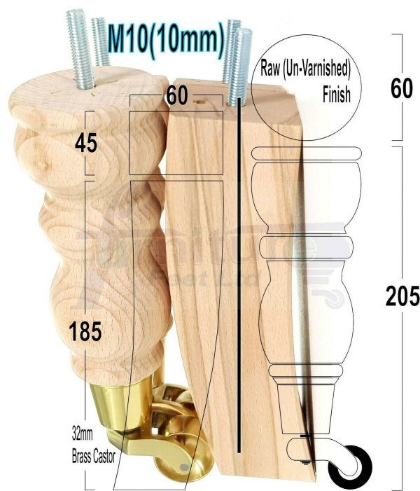 Raw Wooden Furniture Settee Legs M10 Replacment Feet 2 With Castor 2 Curved Legs 215mm HIGH - Image 10