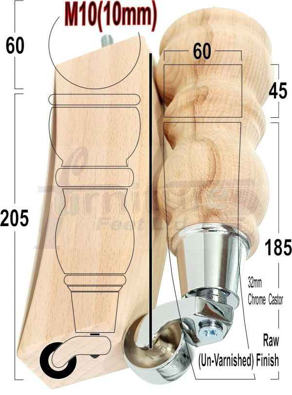 Raw Wooden Furniture Settee Legs M10 Replacment Feet 2 With Castor 2 Curved Legs 215mm HIGH - Image 11