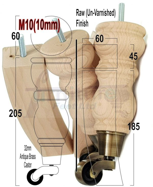 Raw Wooden Furniture Settee Legs M10 Replacment Feet 2 With Castor 2 Curved Legs 215mm HIGH - Image 12