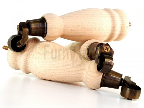 4 Turned Wooden Furniture Leg & Antique Castor Wheel Bun Feet Raw M8 250mm High - Image 5