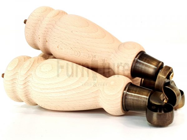4 Turned Wooden Furniture Leg & Antique Castor Wheel Bun Feet Raw M8 250mm High - Image 6