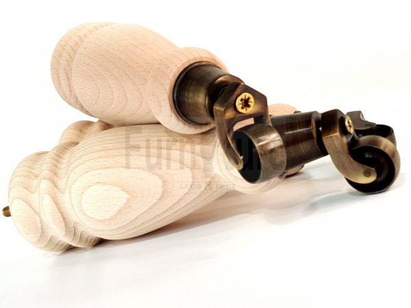 4 Turned Wooden Furniture Leg & Antique Castor Wheel Bun Feet Raw M8 250mm High - Image 9