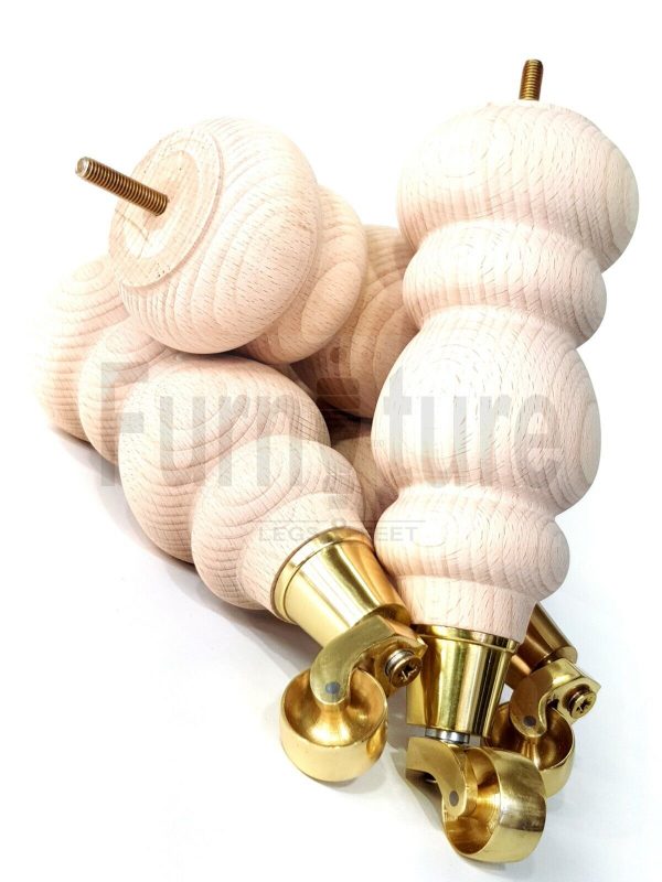 4 Turned Wooden Furniture Leg & Brass Castor Wheel Bun Feet Raw M8 250mm High - Image 11