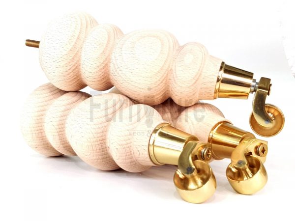 4 Turned Wooden Furniture Leg & Brass Castor Wheel Bun Feet Raw M8 250mm High - Image 5