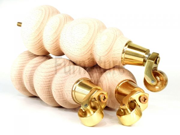 4 Turned Wooden Furniture Leg & Brass Castor Wheel Bun Feet Raw M8 250mm High - Image 6