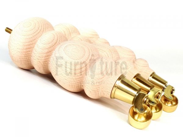 4 Turned Wooden Furniture Leg & Brass Castor Wheel Bun Feet Raw M8 250mm High - Image 7