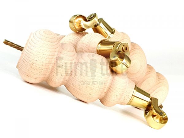 4 Turned Wooden Furniture Leg & Brass Castor Wheel Bun Feet Raw M8 250mm High - Image 8