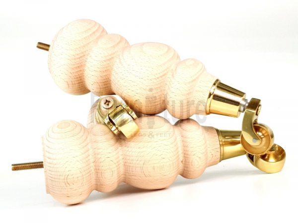 4 Turned Wooden Furniture Leg & Brass Castor Wheel Bun Feet Raw M8 250mm High - Image 9