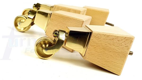 4x Block Wood With Brass Castor Furniture Chair Settee Legs M8 Sofa Feet 150mm - Image 5