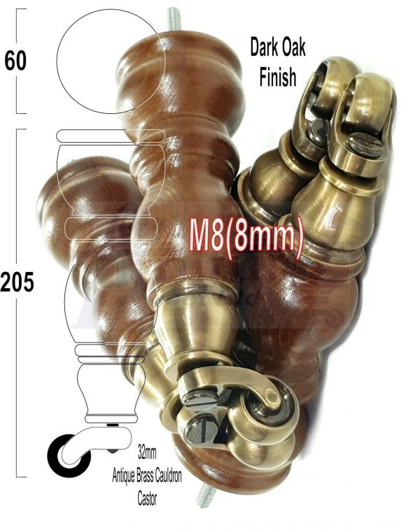 4x SOLID WOOD BRASS CASTOR FURNITURE CHAIR LEGS M8(8mm) SOFA FEET 205mm HIGH