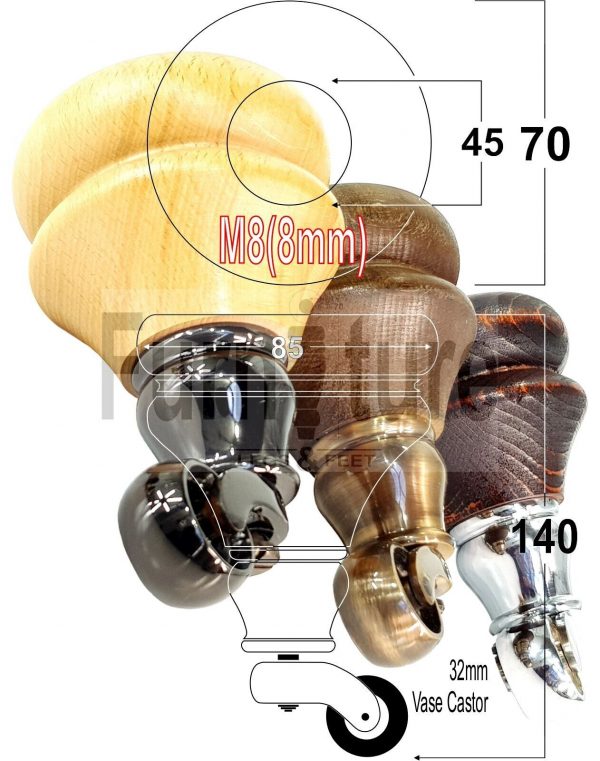 4x Solid Wood Castor Feet M8 Replacement Settee Chair Legs Footstools Sofa 140mm - Image 12