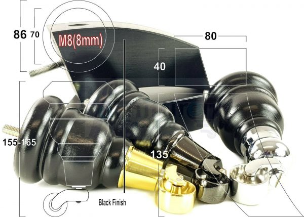 4x WOOD FURNITURE SOFA LEGS M8 REPLACEMENT CHAIR FEET 2 WITH CASTORS 165mm HIGH