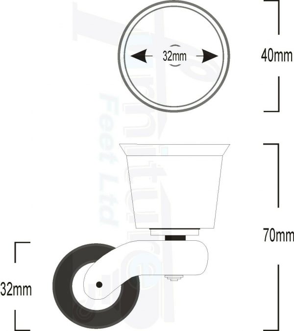 Castor Wheel & Cup 32mm Brass, Antique, Chrome & Black Fit with Screw or Bolt - Image 3