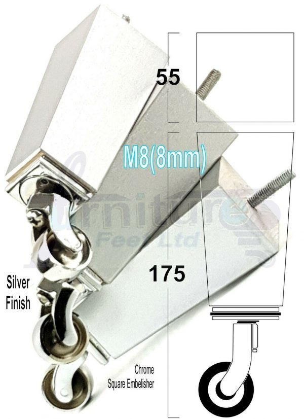 4x CHROME CASTOR LEGS 175mm High CHAIR REPLACEMENT SETTEE FURNITURE FEET M8(8mm) - Image 26