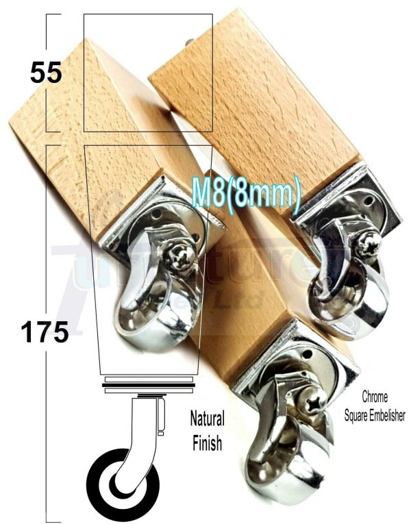 4x CHROME CASTOR LEGS 175mm High CHAIR REPLACEMENT SETTEE FURNITURE FEET M8(8mm) - Image 23