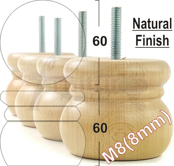 4x REPLACEMENT SOLID WOODEN FURNITURE SOFA LEGS M8(8mm) SETTEE FEET 60mm HIGH - Image 16