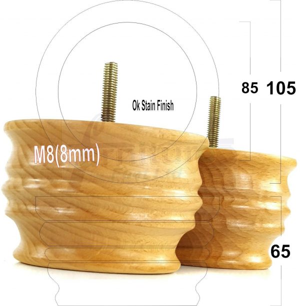 4x SOLID WOOD FURNITURE LEGS M8(8mm) CHAIR, SOFA REPLACEMENT BUN FEET 65mm HIGH - Image 29