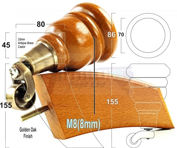 4x TURNED WOODEN CASTOR LEGS 165mm High CHAIR REPLACEMENT FURNITURE FEET M8(8mm) - Image 15