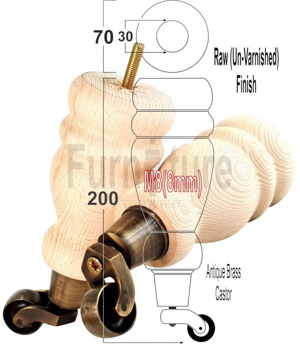 4x Turned Wood Furniture Castor Leg M8 Replacement Feet Chairs Stools Sofa 200mm - Image 29