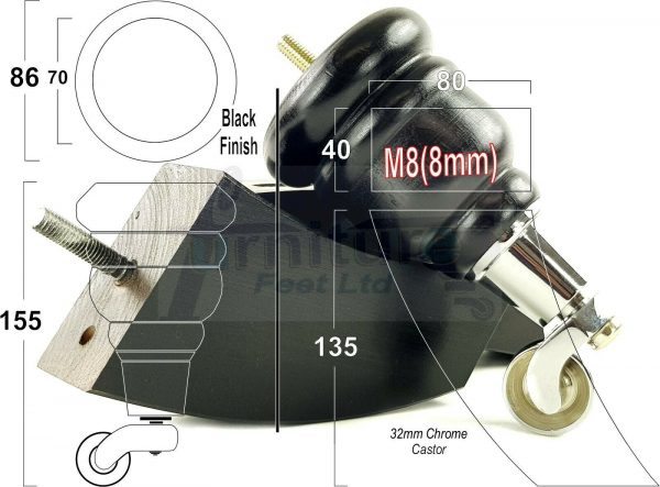 4x WOOD FURNITURE SOFA LEGS M8 REPLACEMENT CHAIR FEET 2 WITH CASTORS 165mm HIGH - Image 12