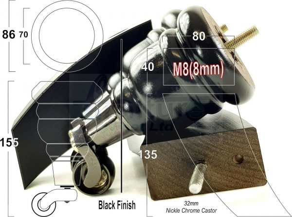 4x WOOD FURNITURE SOFA LEGS M8 REPLACEMENT CHAIR FEET 2 WITH CASTORS 165mm HIGH - Image 14