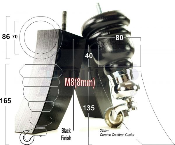 4x WOOD FURNITURE SOFA LEGS M8 REPLACEMENT CHAIR FEET 2 WITH CASTORS 165mm HIGH - Image 16
