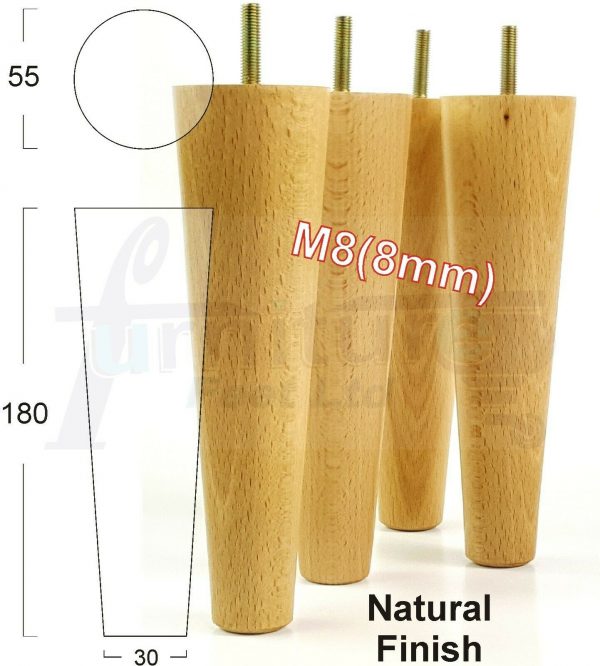 4x WOOD REPLACEMENT FURNITURE CHAIR LEG M8(8mm) TAPERED SETTEE FEET 180mm HIGH - Image 27