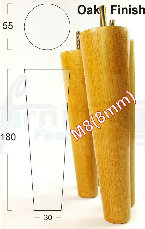 4x WOOD REPLACEMENT FURNITURE CHAIR LEG M8(8mm) TAPERED SETTEE FEET 180mm HIGH - Image 28