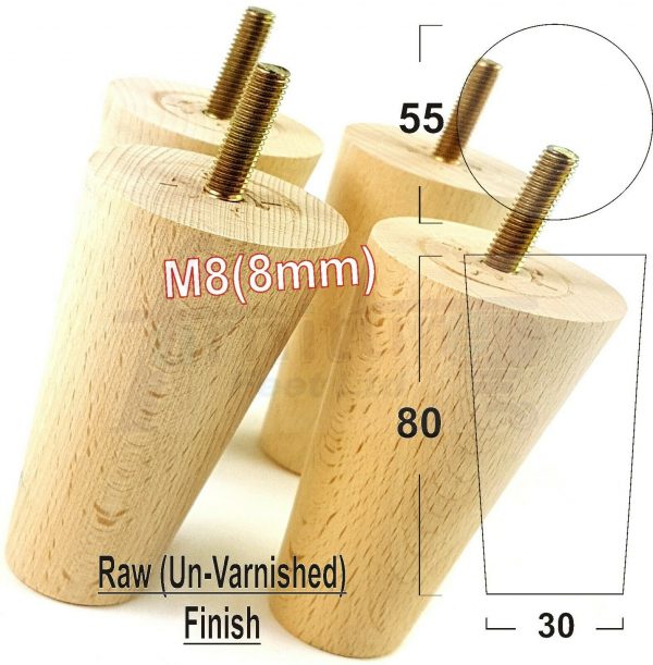 4x WOOD REPLACEMENT FURNITURE CHAIR LEGS M8(8mm) SOFA - SETTEE FEET 80mm HIGH - Image 32
