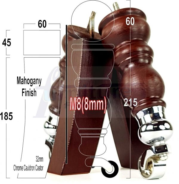 WOODEN FURNITURE SETTEE LEGS M8 REPLACEMENT CHAIR FEET 2 WITH CASTORS 215mm HIGH - Image 11