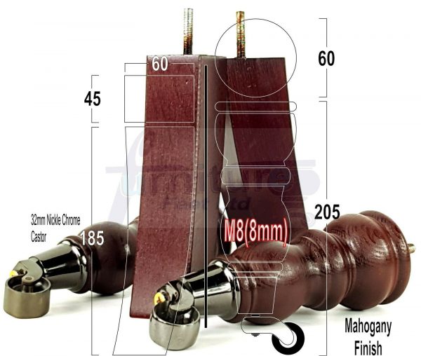 WOODEN FURNITURE SETTEE LEGS M8 REPLACEMENT CHAIR FEET 2 WITH CASTORS 215mm HIGH - Image 9