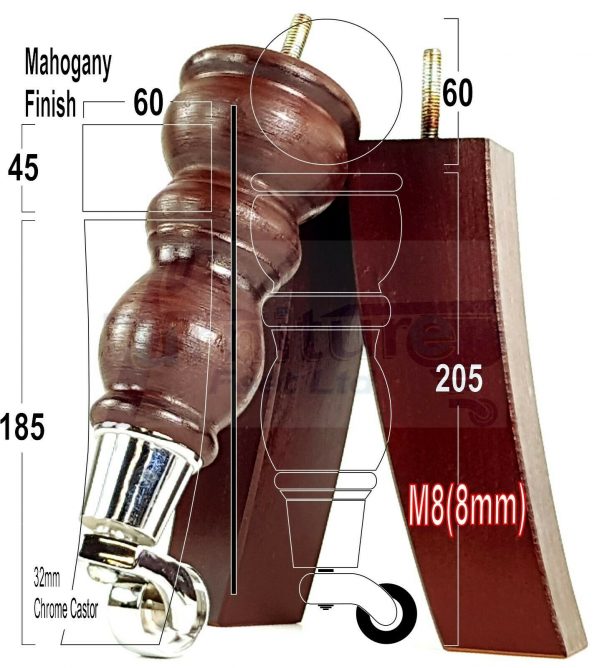 WOODEN FURNITURE SETTEE LEGS M8 REPLACEMENT CHAIR FEET 2 WITH CASTORS 215mm HIGH - Image 7