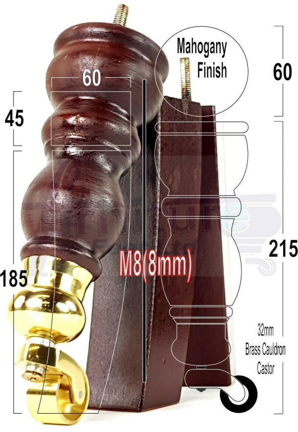 WOODEN FURNITURE SETTEE LEGS M8 REPLACEMENT CHAIR FEET 2 WITH CASTORS 215mm HIGH - Image 10