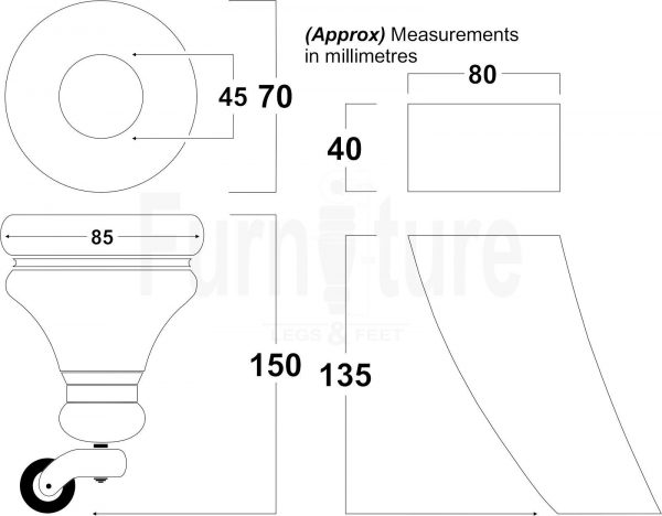 2x Furniture Castor Legs & 2x Curved Solid Wooden Feet M8 Chairs Sofa 150mm High - Image 3