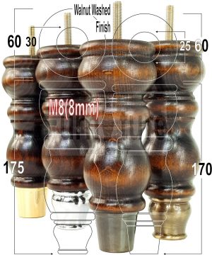 4x Slipper Cup Turned Wood Furniture Legs M8 Replacement Chair Feet Couch 175mm