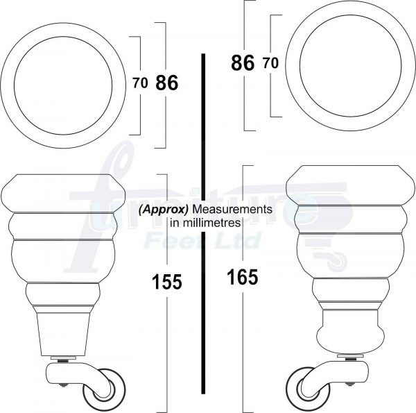4x TURNED WOODEN CASTOR LEGS 165mm High CHAIR REPLACEMENT FURNITURE FEET M8(8mm) - Image 3