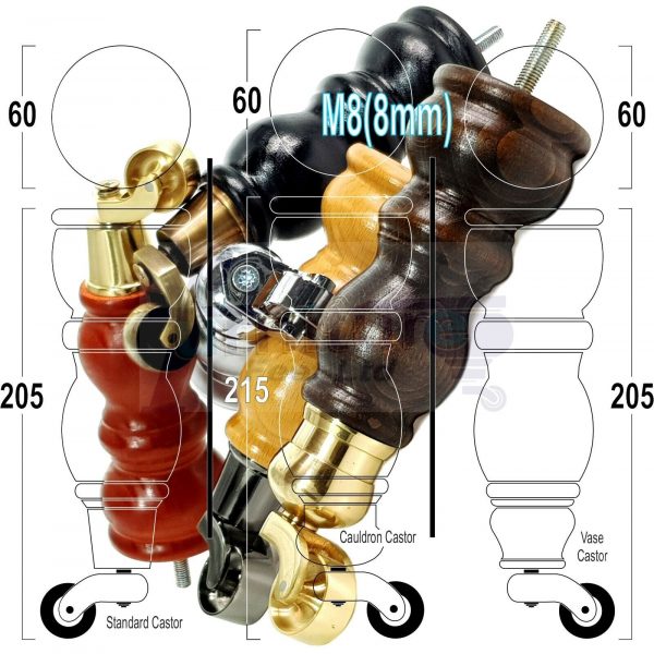 4x Turned Wooden Castor Legs 215mm High Chair Replacement Furniture Feet M8(8mm) - Image 12