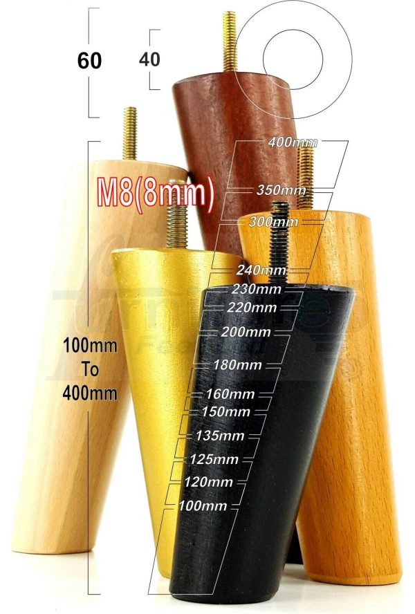 4x WOOD FURNITURE CHAIR LEGS M8(8mm) REPLACEMENT SOFA / SETTEE FEET 100mm HIGH - Image 7