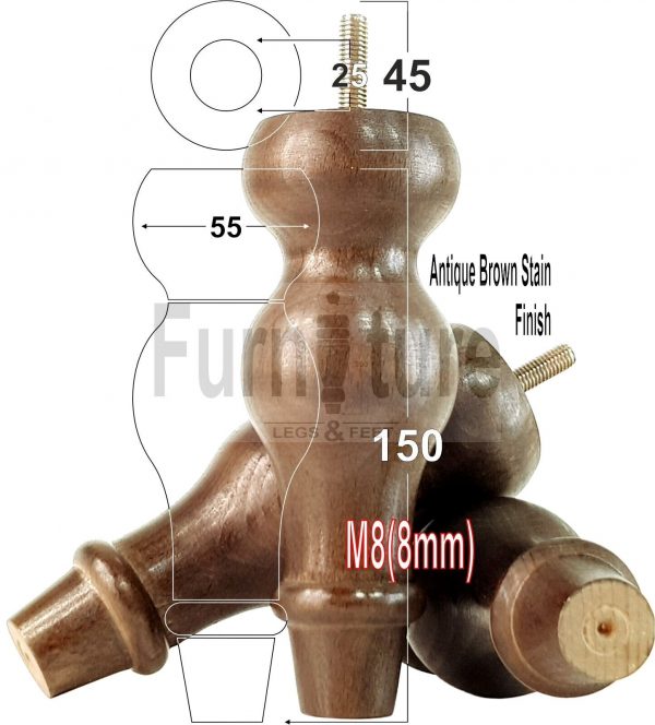 4 Replacement Turned Wood Furniture Sofa Leg M8 Chair Settee Bun Feet 150mm High - Image 16