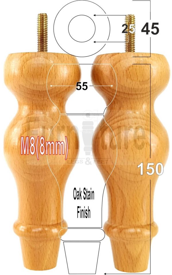 4 Replacement Turned Wood Furniture Sofa Leg M8 Chair Settee Bun Feet 150mm High - Image 38