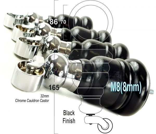 4x TURNED WOODEN CASTOR LEGS 165mm High CHAIR REPLACEMENT FURNITURE FEET M8(8mm) - Image 18
