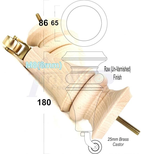 4x TURNED WOODEN CASTOR LEGS 180mm High CHAIR REPLACEMENT FURNITURE FEET M8(8mm) - Image 9