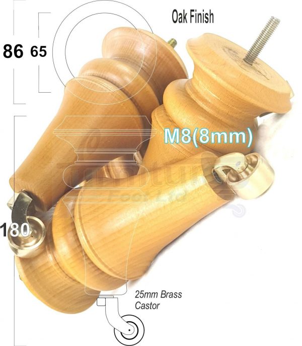 4x TURNED WOODEN CASTOR LEGS 180mm High CHAIR REPLACEMENT FURNITURE FEET M8(8mm) - Image 10
