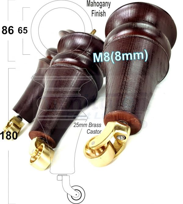 4x TURNED WOODEN CASTOR LEGS 180mm High CHAIR REPLACEMENT FURNITURE FEET M8(8mm) - Image 7