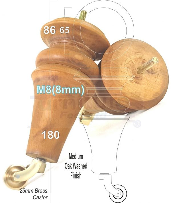 4x TURNED WOODEN CASTOR LEGS 180mm High CHAIR REPLACEMENT FURNITURE FEET M8(8mm) - Image 6