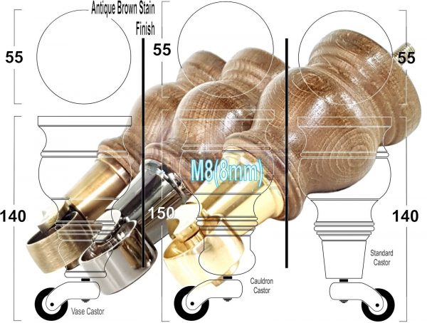 4 Turned Wood Castor Legs 150mm High Chair Furniture Feet Antique Brown Stain M8 - Image 3