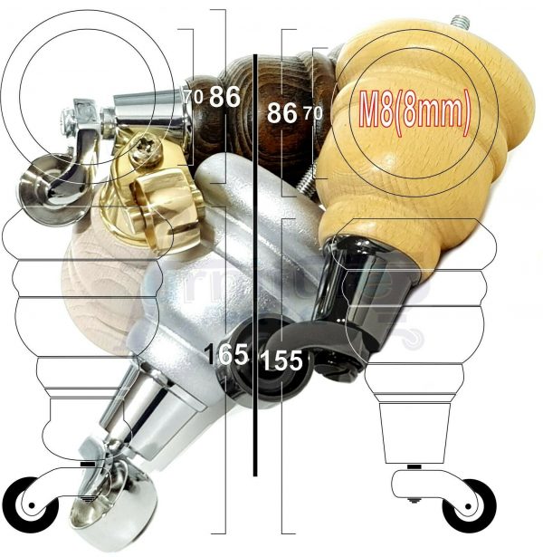 4x WOODEN FURNITURE LEGS M8(8mm) CHAIR REPLACEMENT CHROME CASTOR FEET 155mm HIGH - Image 12