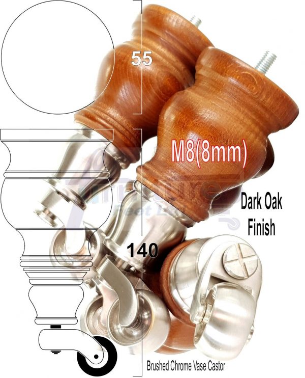 4 Turned Wood Castor Legs 150mm High Chair Beds Sofa Furniture Feet Dark Oak M8 - Image 24