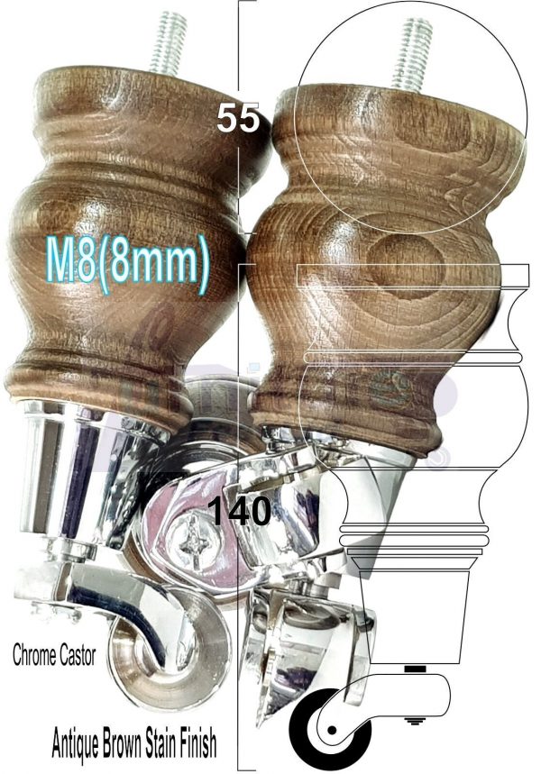 4 Turned Wood Castor Legs 150mm High Chair Furniture Feet Antique Brown Stain M8 - Image 15
