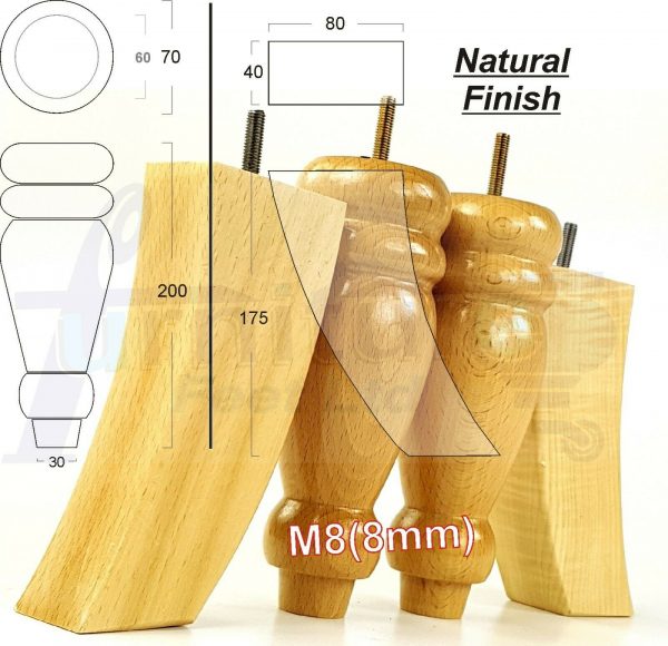 4x REPLACEMENT WOOD FURNITURE SOFA LEGS M8(8mm) CHAIR - SETTEE FEET 200mm HIGH - Image 9